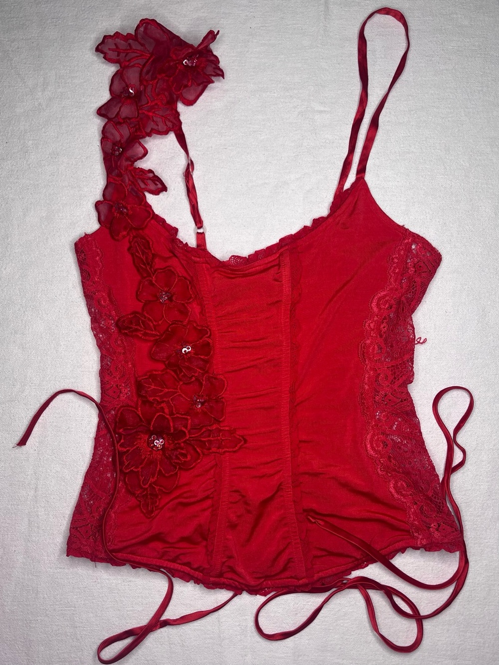 ✨ Vintage Y2K Bebe Asymmetrical 3D Floral Lace-Up Corset Bustier Top - Rio Red